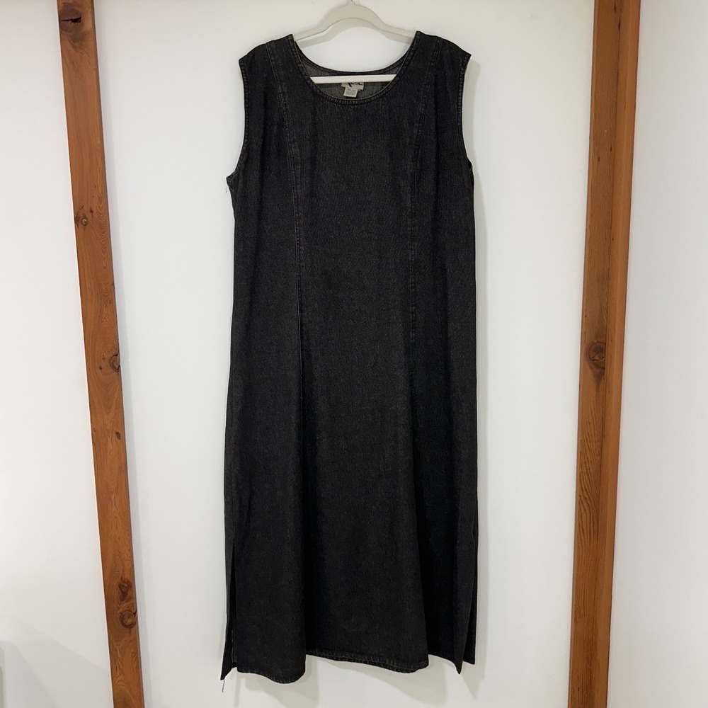 XNC Denim Sleeveless Maxi Dress Womens Free Size Black Side Slit | Lagenlook